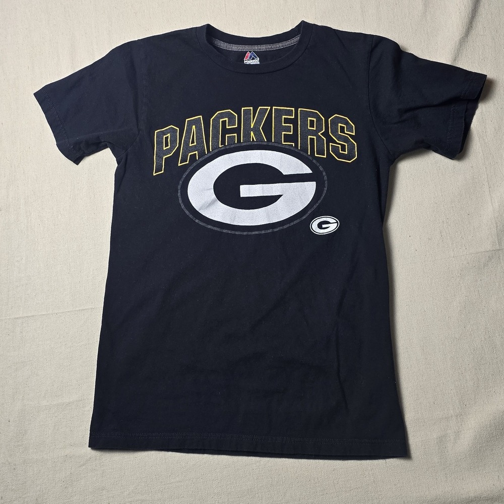 Men's Green Bay Packers NFL Majestic Triple Peak Black Logo Tee‎ Shirt Large S